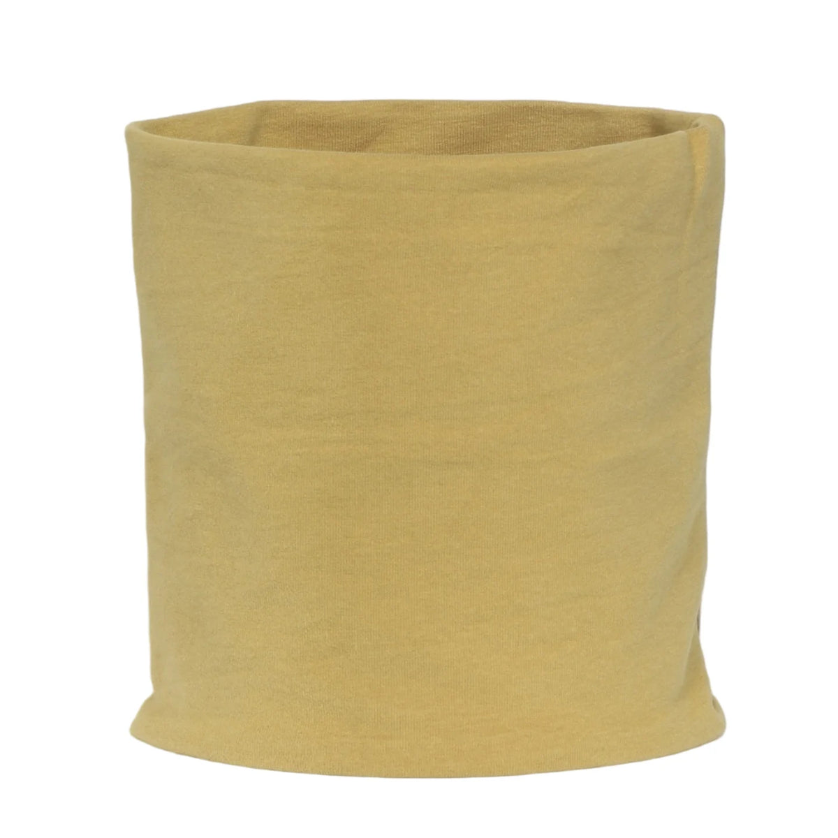 A rolled soft cotton warm neck scarf in a tan or beige color.