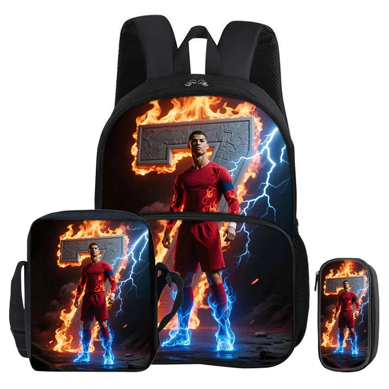 Black football sport backpack featuring a graphic of a soccer player engulfed in flames and lightning.