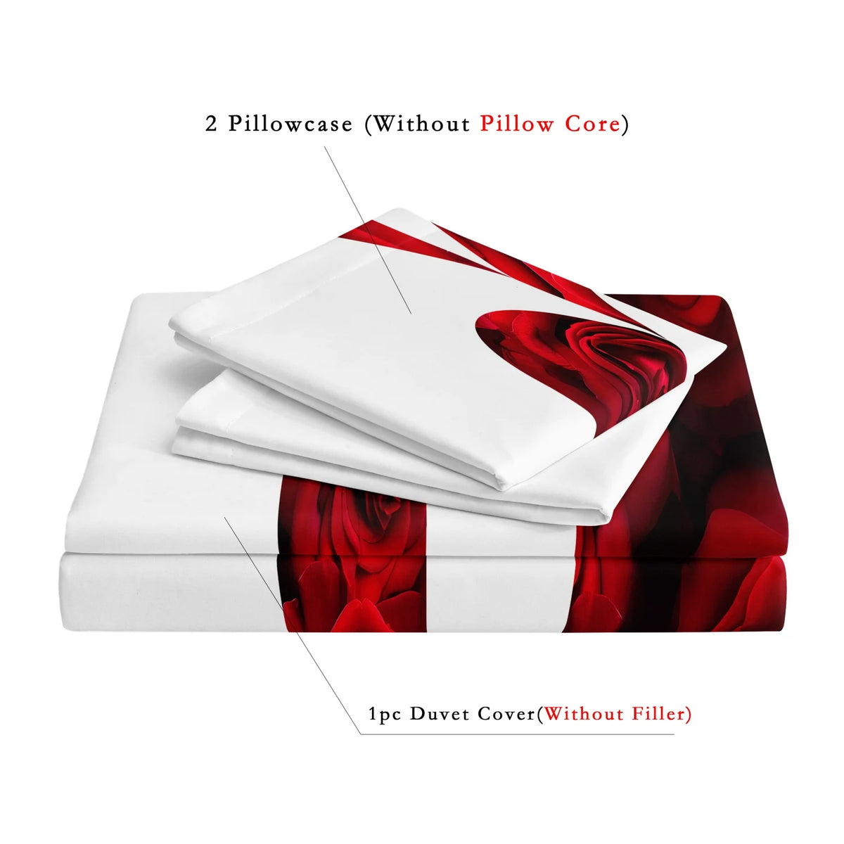 A set of 2 pillowcases and 1 duvet cover featuring a romantic red floral print on a white background.