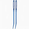 A pair of shiny blue aluminum knitting needles or sewing pins.