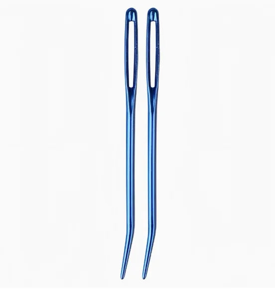 A pair of shiny blue aluminum knitting needles or sewing pins.