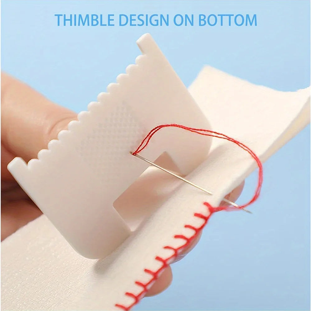 A hand holds a pink sewing guide template with a thimble design on the bottom, showing a needle and red thread.