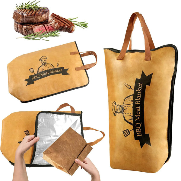 A brown insulated bag for BBQ meat, showing a piece of steak and herbs.