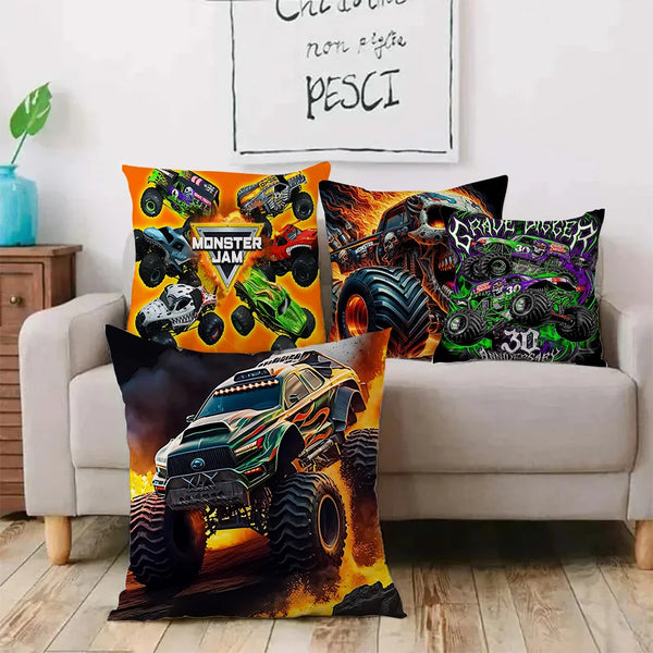 A set of four Monster Jam truck cartoon pillow covers featuring various vehicles and dark, gritty artwork.