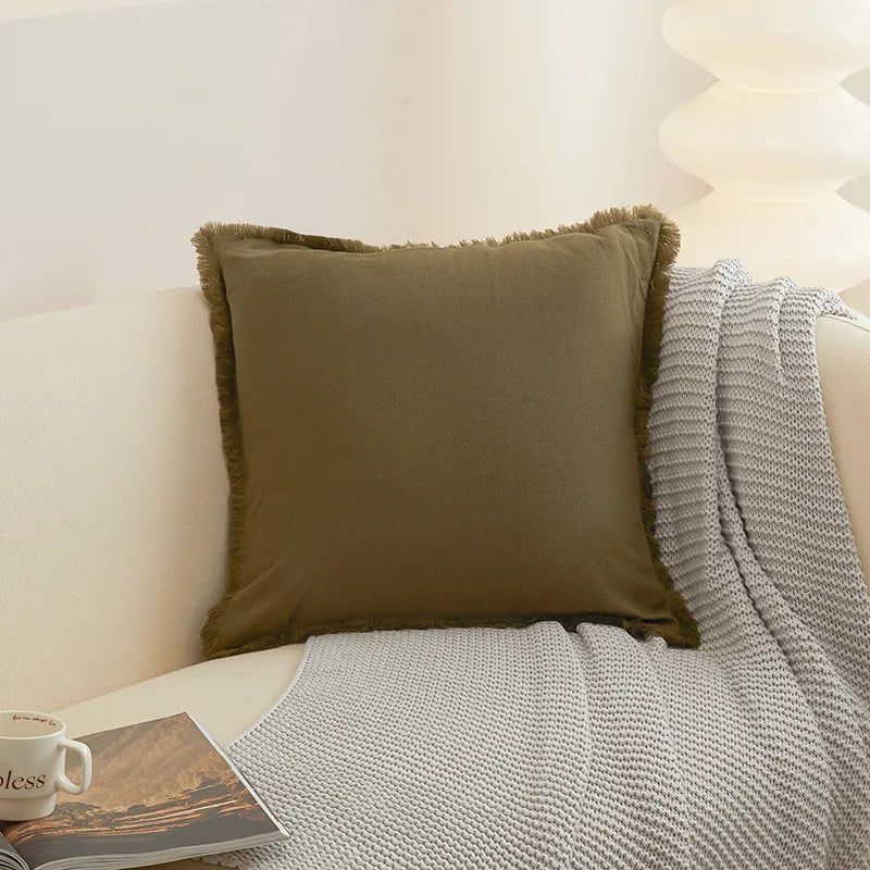 Washed Cotton Solid Cushion Cover with Tassel Fringe