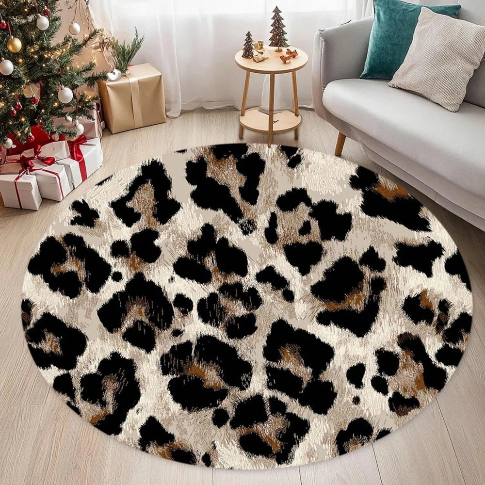 Circular leopard print anti-slip door mat rug with black and brown spots on a light background