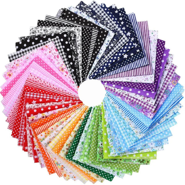 A circular display of various floral dot pattern cotton fabric squares in multiple colors and stripes for DIY crafting.