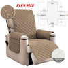 A beige washable recliner sofa slipcover with anti-slip straps shown from the side and back view.