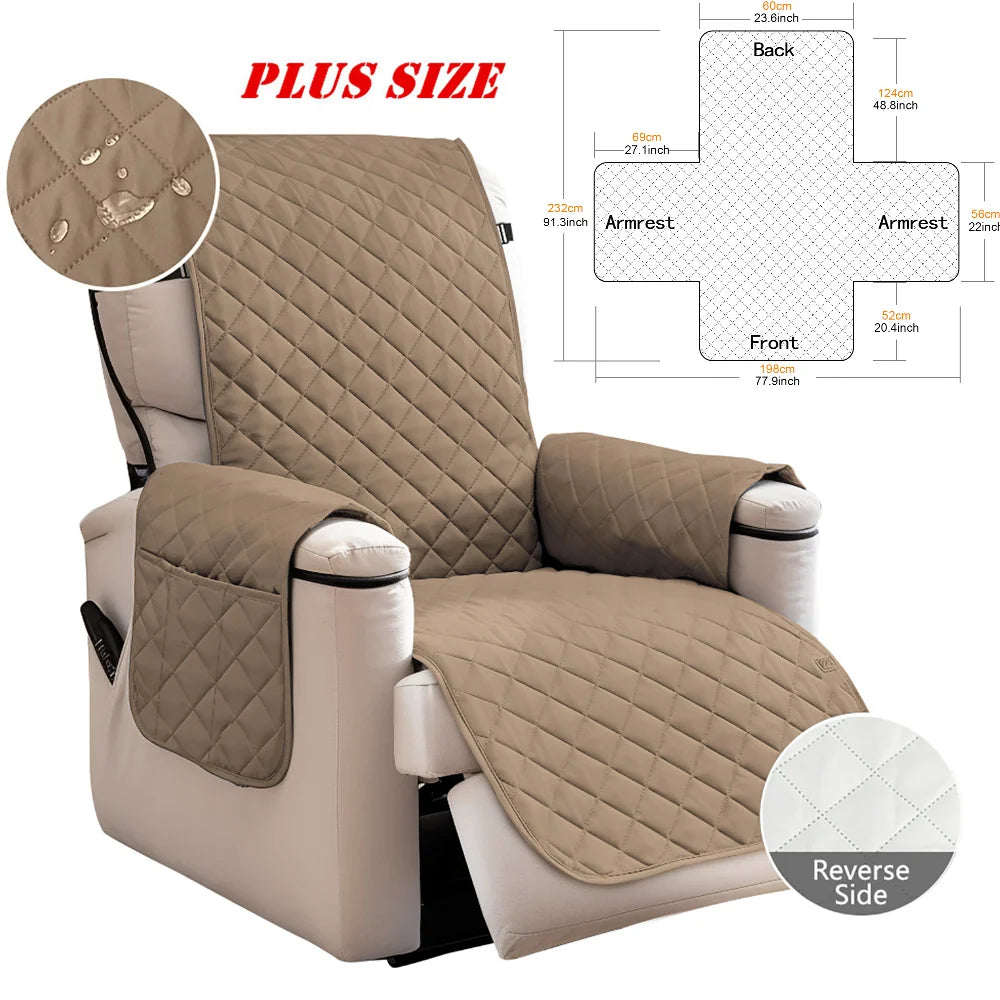 A beige washable recliner sofa slipcover with anti-slip straps shown from the side and back view.