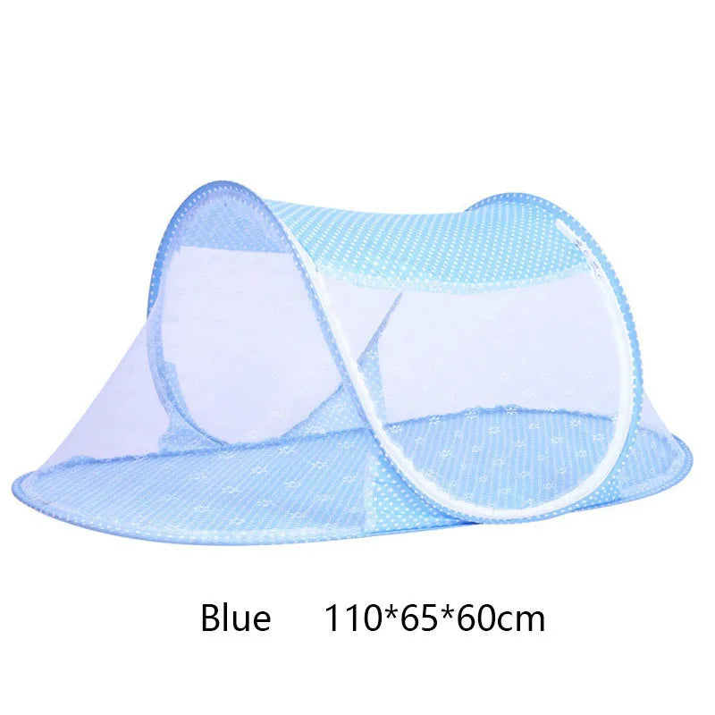 Light blue foldable mosquito net designed for infant cribs
