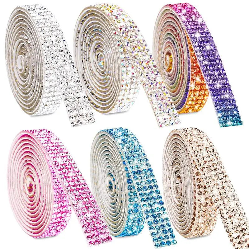 Rolls of crystal rhinestone sticker ribbon in various colors and diamond trim for crafts and decor