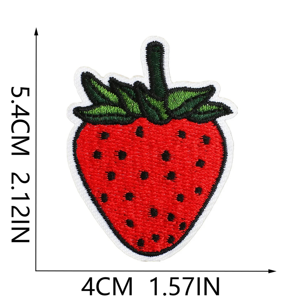 A red strawberry with green leaves and a stem, embroidered on a white background.