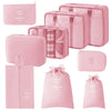 A set of pink mesh storage organizers including pouches and zippered cases for portable organization
