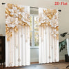 A set of two sheer white curtains featuring a gold floral pendant print hanging in a bright room.