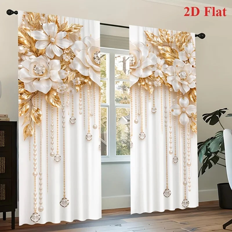 A set of two sheer white curtains featuring a gold floral pendant print hanging in a bright room.