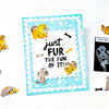 A square card with a blue background featuring yellow dog illustrations and the text just FUR THE FUN OF IT