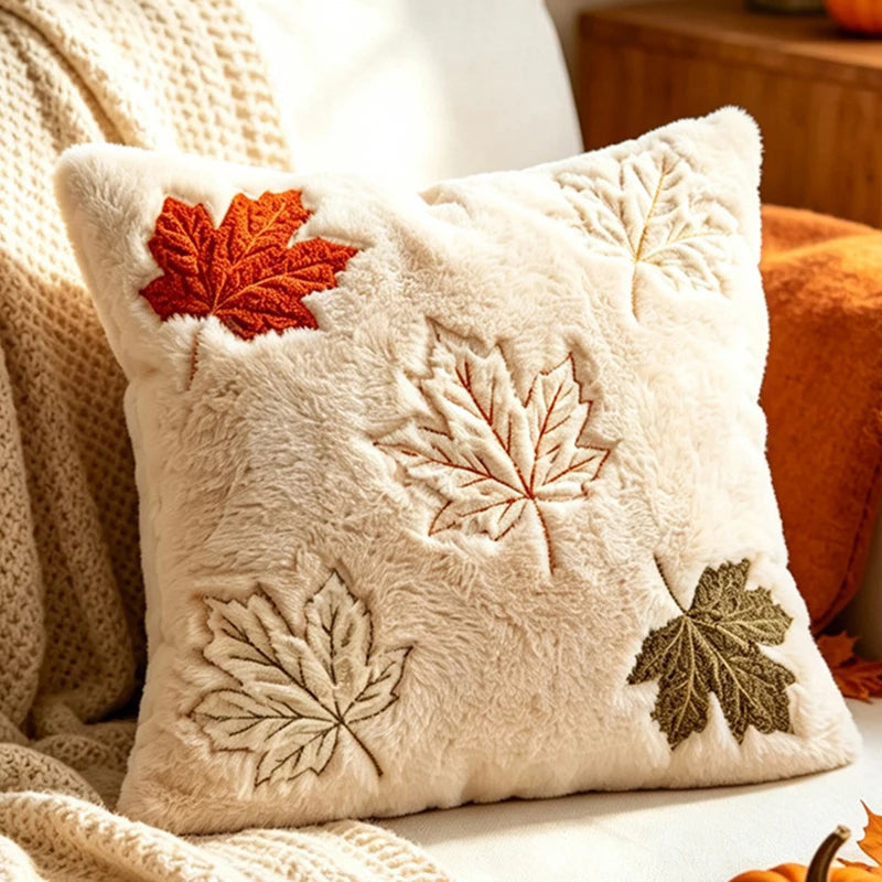 A cream-colored throw pillow featuring embroidered maple leaves in shades of orange, green, and brown.