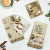 A set of four plaid lettered kitchen towels featuring coffee and leaf designs on a white background.