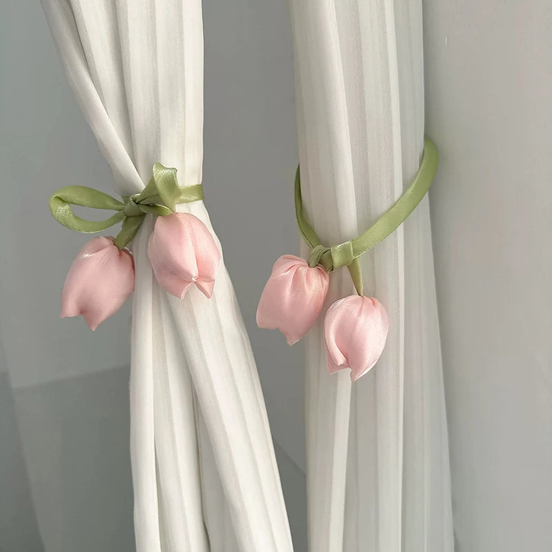 Pink tulip flower curtain tie backs with green fabric on white drapery