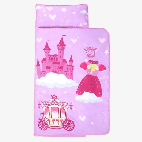 A pink toddler nap mat set featuring a pillow and a fleece blanket with castle and princess designs.