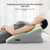 A person is lying on an ergonomic pillow designed to soothe the shoulders and neck, stretching the cervical spine for relief.