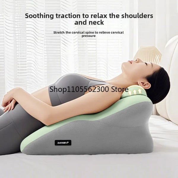 A person is lying on an ergonomic pillow designed to soothe the shoulders and neck, stretching the cervical spine for relief.
