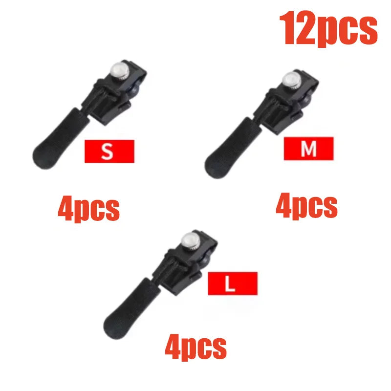 A set of four zipper repair kits labeled S, M, L, and a 12-piece kit, showing various sizes of zipper repair tools.
