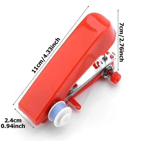 Red portable handheld sewing machine with a silver body and white thread spool visible.
