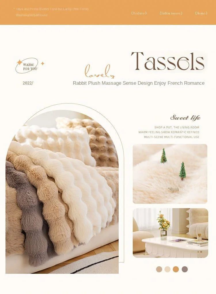 A close-up of a fluffy, light beige rabbit plush massage sense design cushion cover on a sofa.