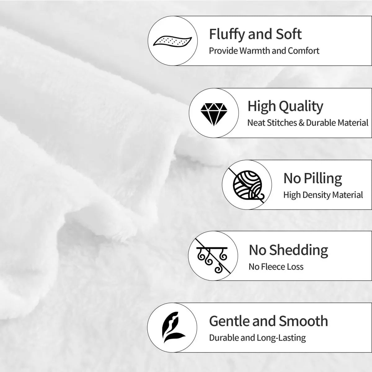 A close-up of a white plush blanket showing features like fluffiness, high quality stitching, and durability.