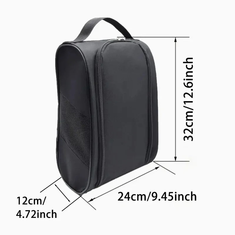 Black portable shoe carrier bag with dimensions 32cm by 24cm.