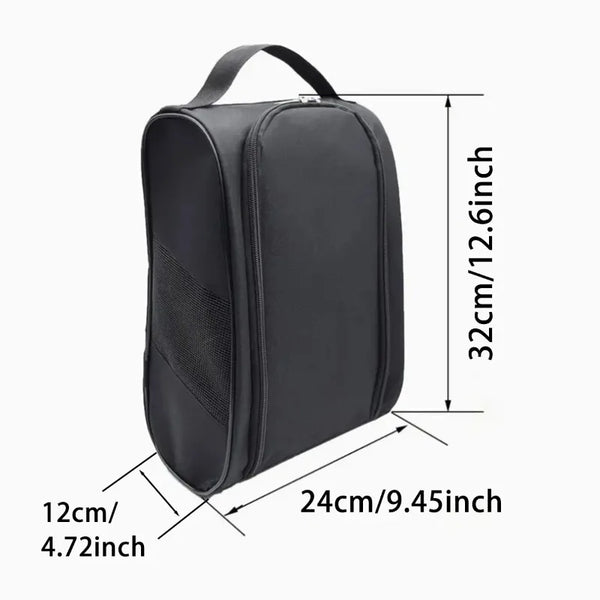 Black portable shoe carrier bag with dimensions 32cm by 24cm.