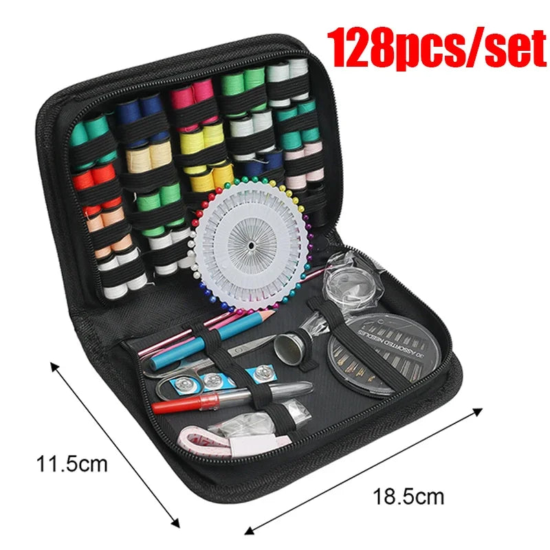A black sewing kit set containing 128 colorful threads, needles, and other crafting tools.
