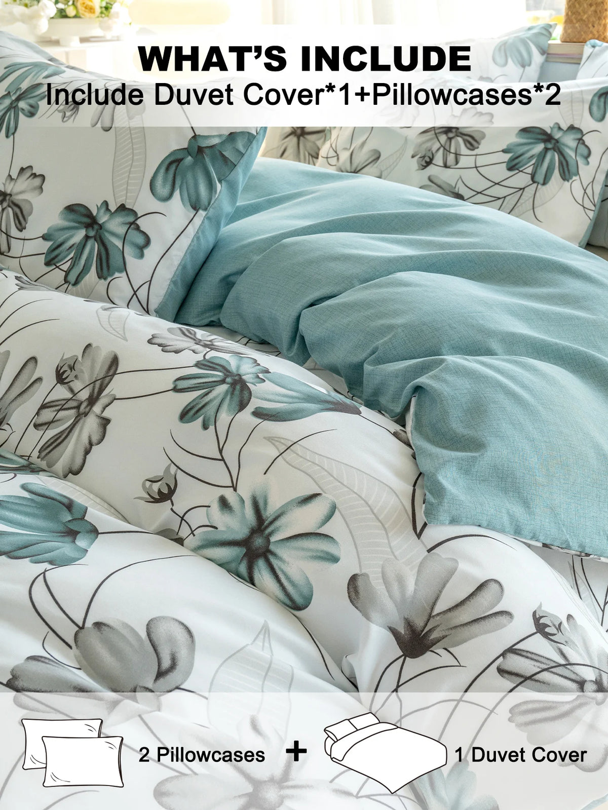 A set of watercolor floral bedding includes a duvet cover and two pillowcases in teal grey.