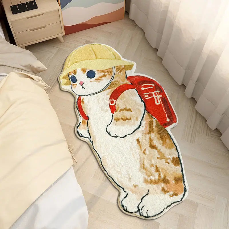 A yellow cartoon plush mat shaped like a cat wearing a straw hat and a red backpack on a light wooden floor.