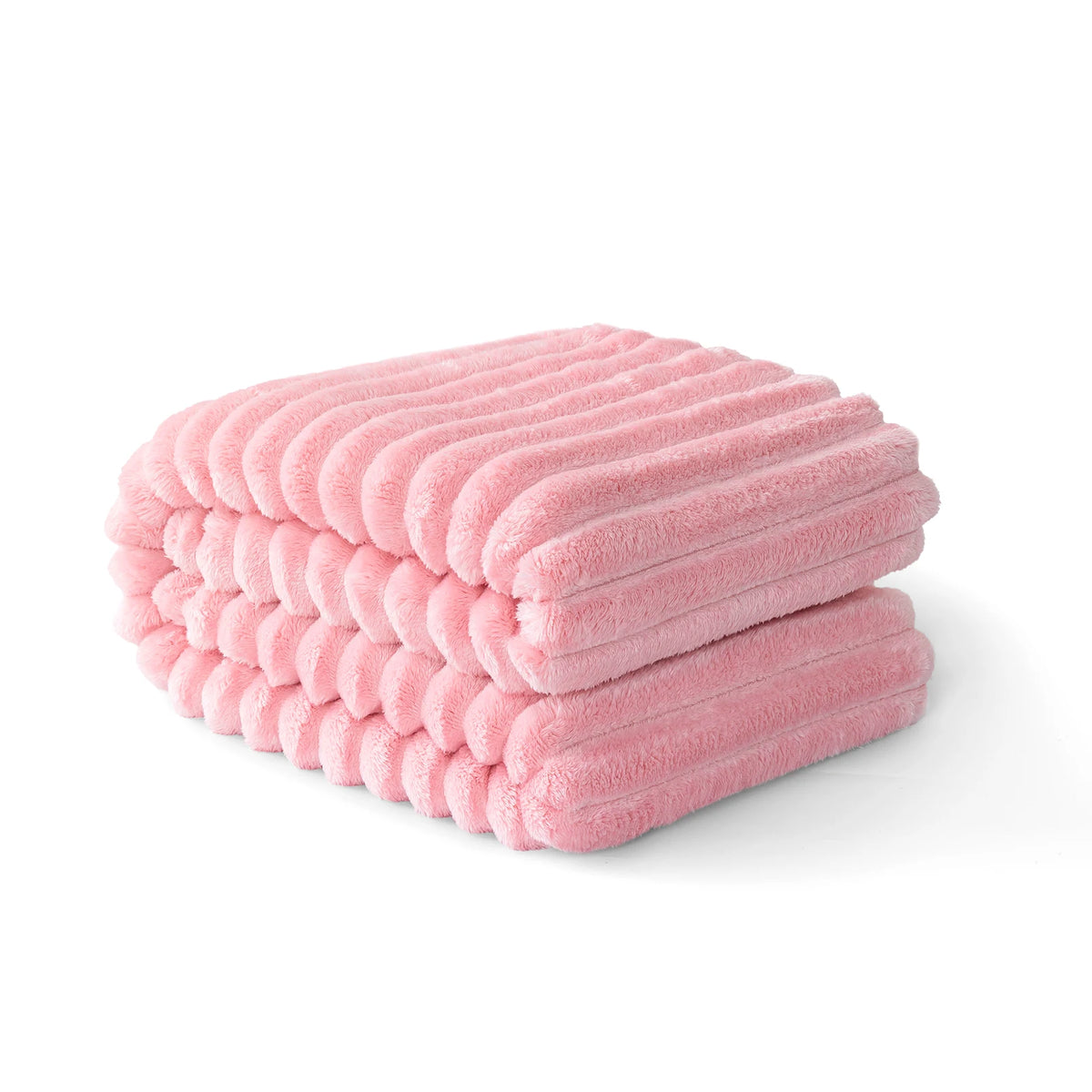 A stack of pink striped flannel throw blankets folded neatly on a white surface.