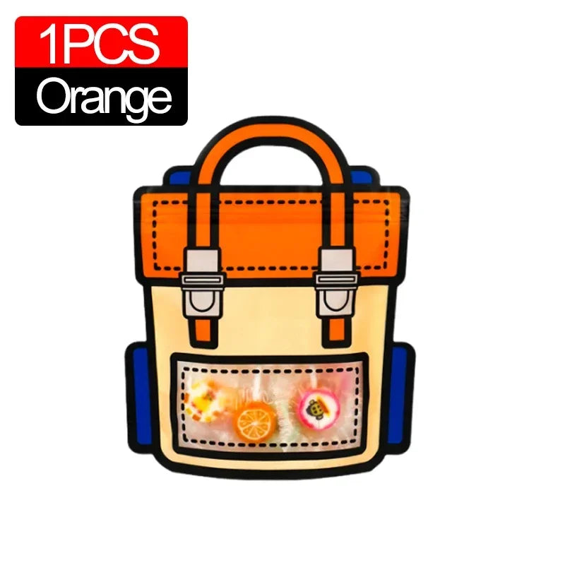 An orange cartoon-themed goodie bag with a yellow body and blue trim.