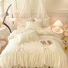 A white princess chiffon duvet cover set displayed on a bed with sheer white curtains and decorative pillows.