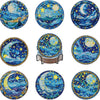 A set of nine DIY diamond painting coasters featuring celestial scenes like the moon, stars, and landscapes.