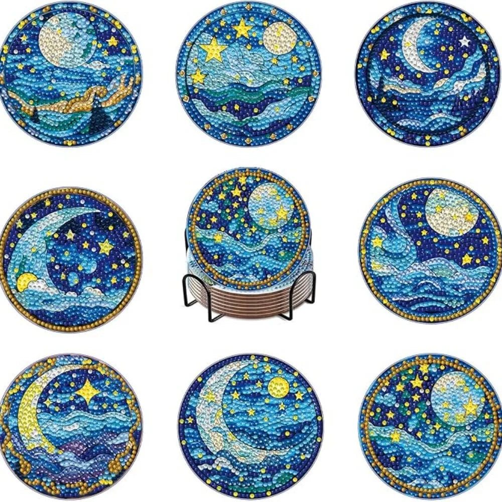 A set of nine DIY diamond painting coasters featuring celestial scenes like the moon, stars, and landscapes.