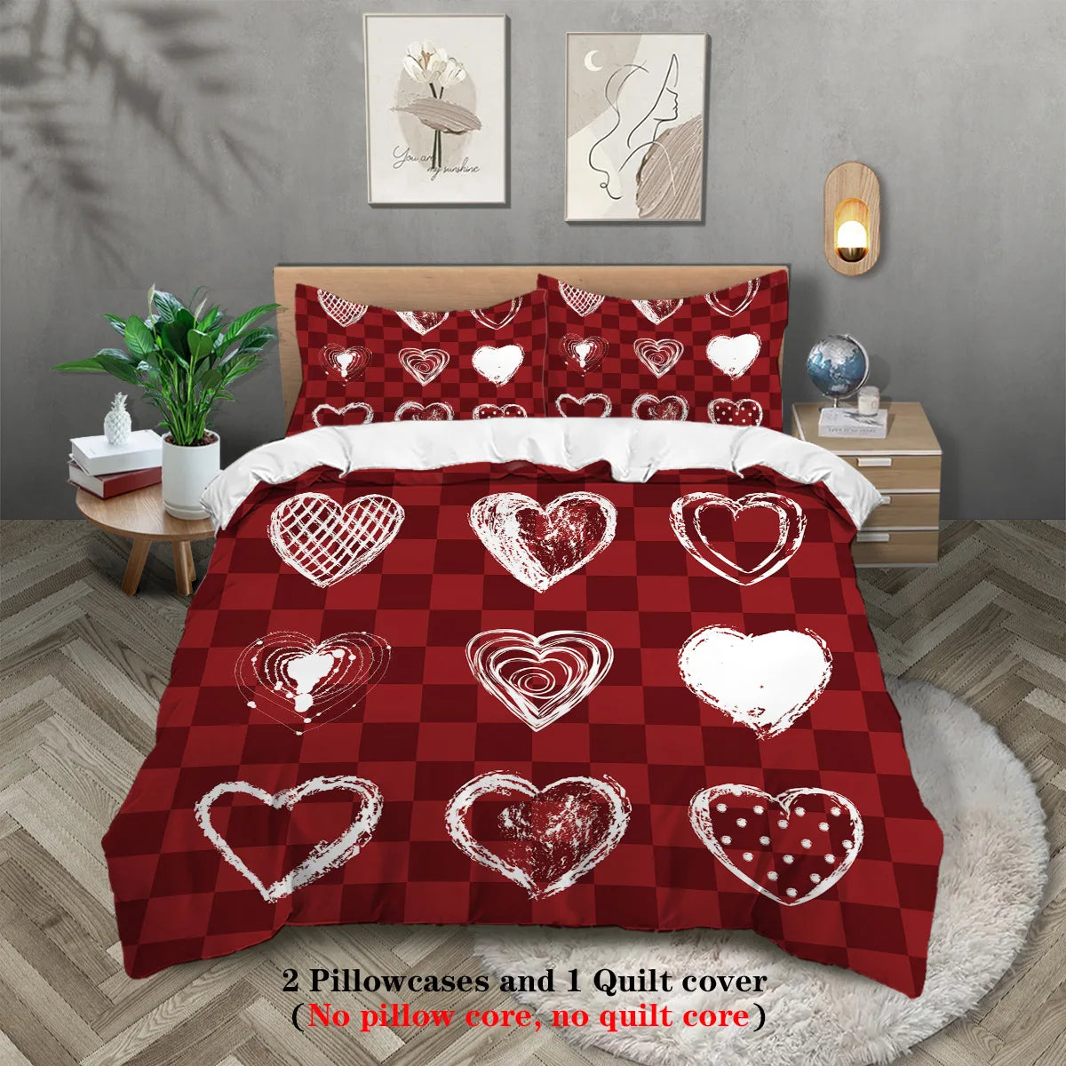 A red checkered heart pattern bedding set featuring two pillowcases and a quilt cover