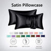Black satin pillowcase displayed with icons indicating breathable, soft & cozy, and machine washable features.