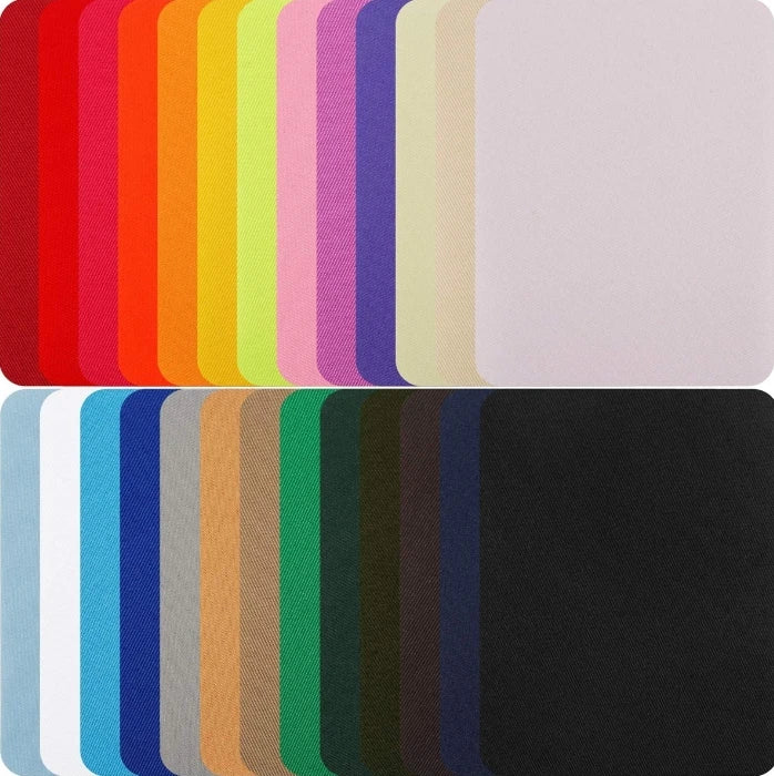 A set of 16 iron-on fabric repair patches in various solid colors arranged in two rows.