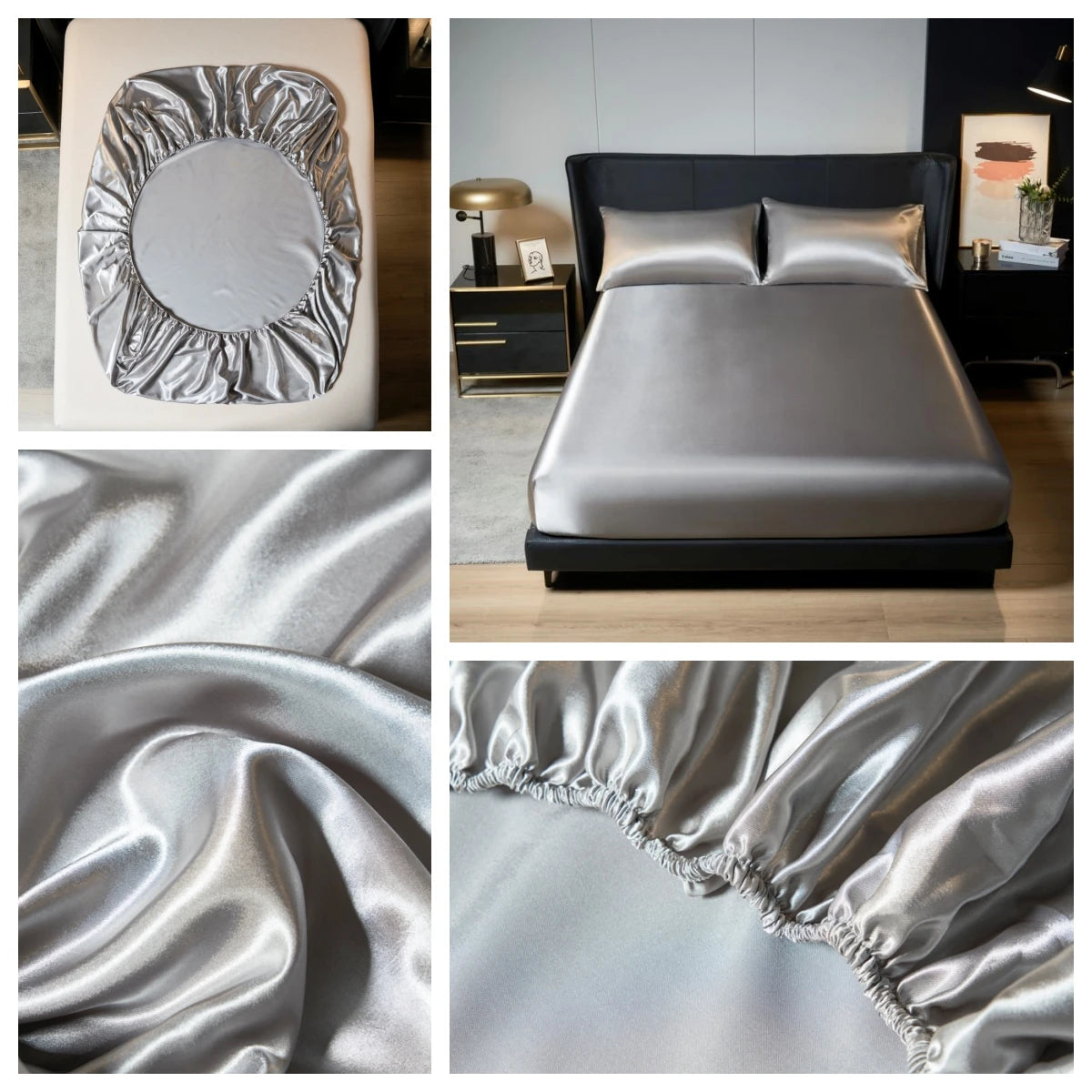 A set of satin bedding featuring a silver elastic band and luxurious draped fabric.