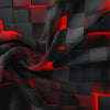 A dark fabric with a geometric grid pattern illuminated by red light.