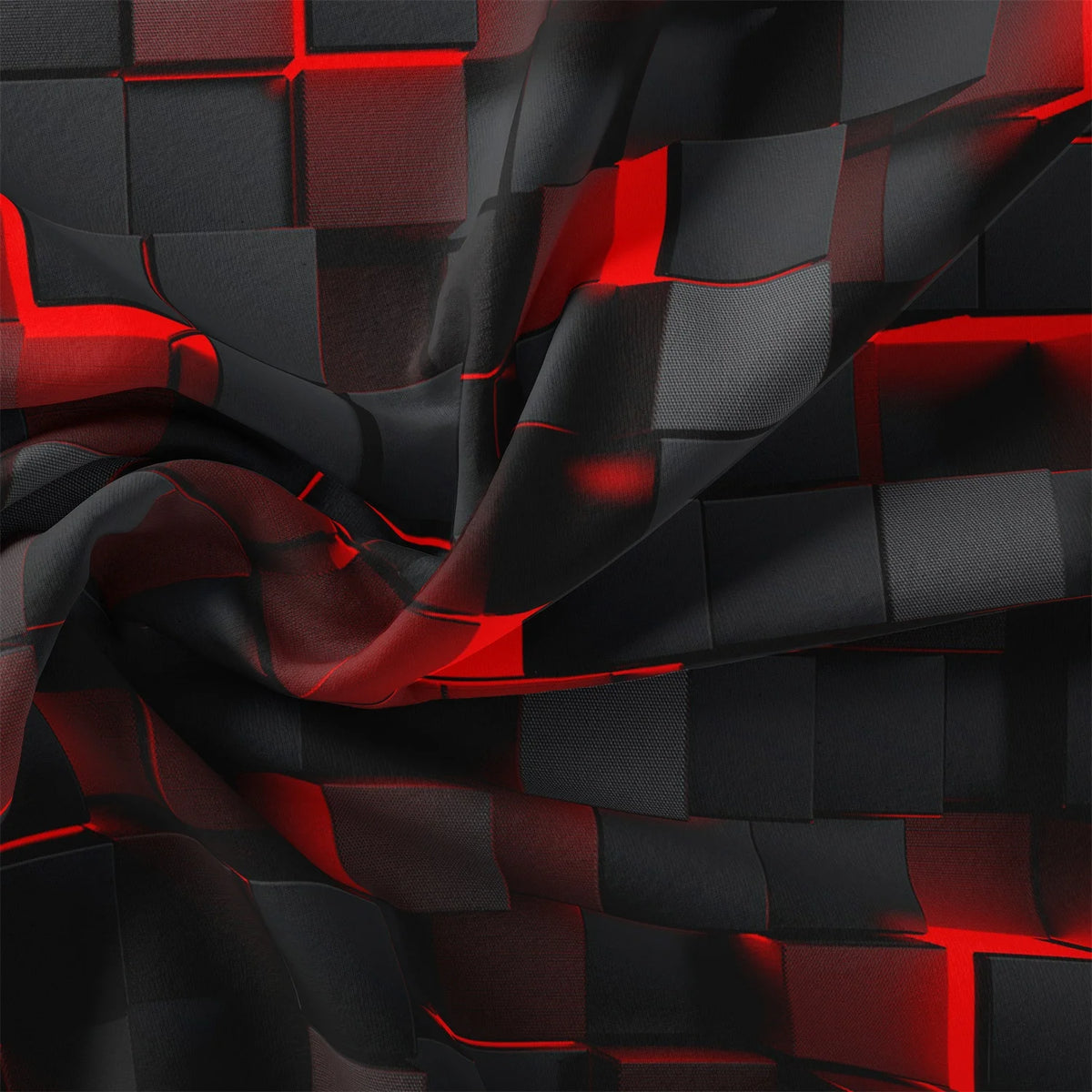A dark fabric with a geometric grid pattern illuminated by red light.
