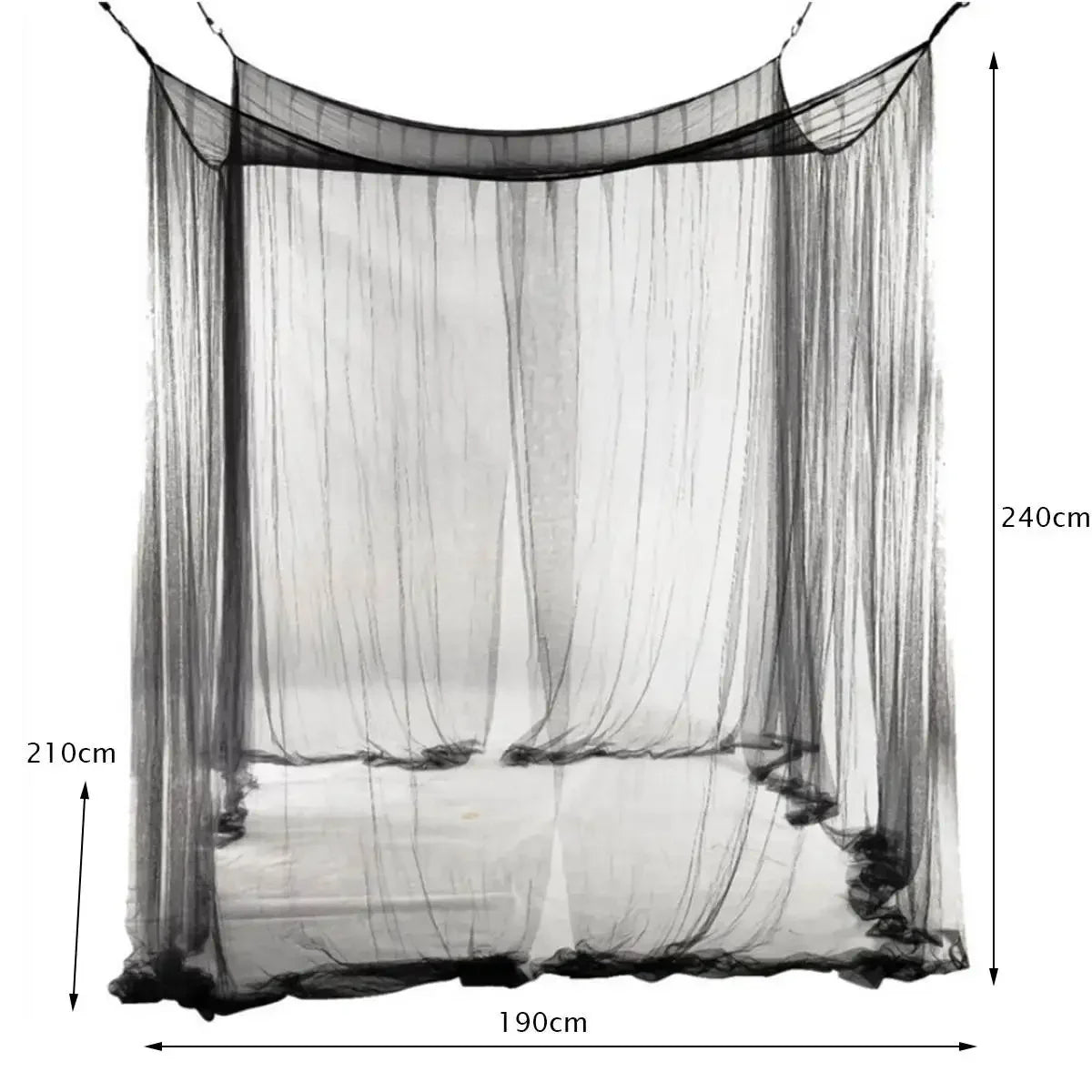 A rectangular mosquito netting canopy suspended by vertical lines, measuring 190cm wide and 240cm high.