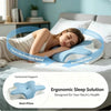 A woman is resting on a bed using an ergonomic sleep solution pillow designed for neck health and pressure relief.