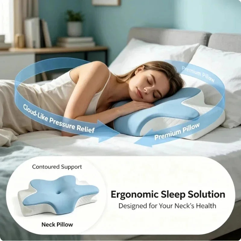 A woman is resting on a bed using an ergonomic sleep solution pillow designed for neck health and pressure relief.
