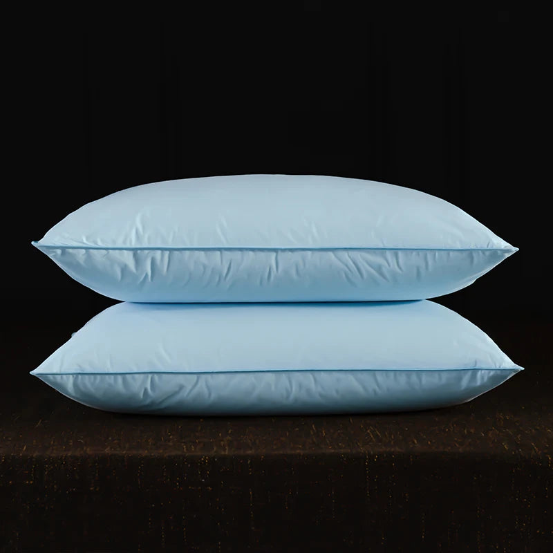 Two light blue natural goose down and feather sleeping pillows resting on a dark surface.